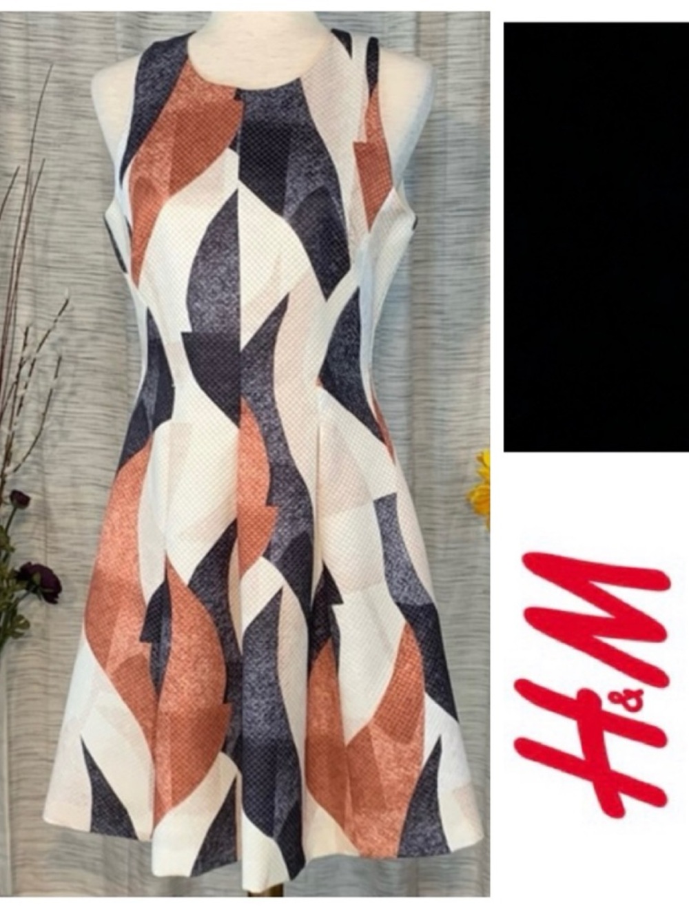 H&M brown, black and white abstract sleeveless A-line pleated dress.